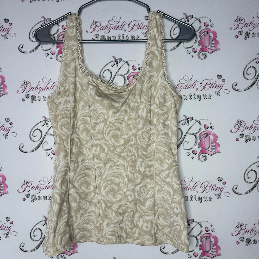 White House black market tank top beige lace trim Lacie cream beige white
